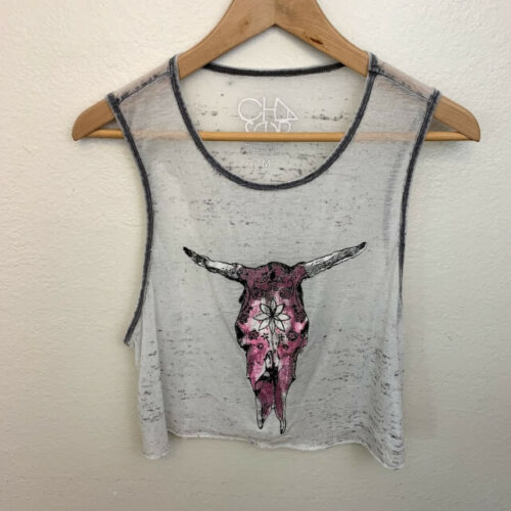 Chaser Burnout Bull Longhorn Skull Crop Tank Top